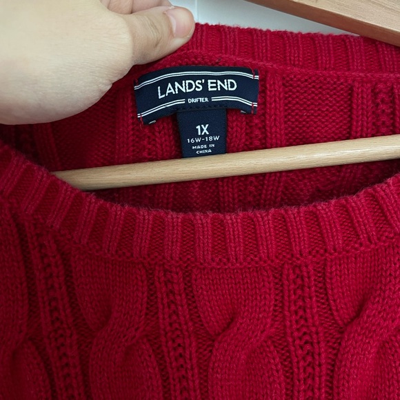 cotton Lands' End Women's Red Cable Knit Sweater knitted crew neck - Picture 2 of 4